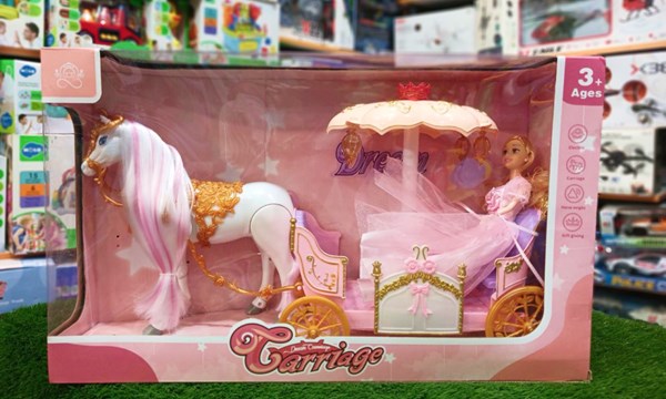 اسباب بازی کالسکه و اسب راهرو موزیکال باربی پرنسس صورتی_اسباب بازی عروسک دخترانه