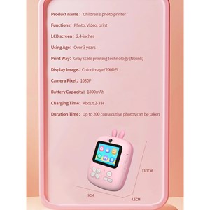 دوربین عکاسی و فیلمبرداری دیجیتال کودک با چاپ فوری حرارتی طرح خرگوش صورتی_اسباب بازی دیجیتال و هوشمند