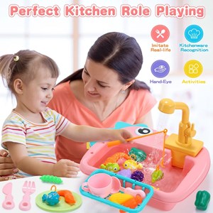 اسباب بازی سینک ظرفشویی و قلاب ماهیگیری رنگ صورتی_اسباب بازی لوازم خانگی