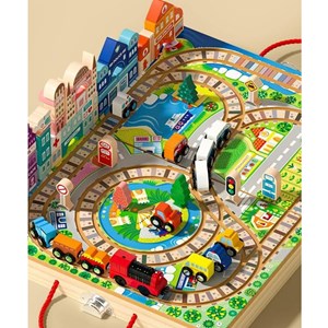 پازل شهر کوچک چوبی تاشو همراه با قطار و ماشین، 90 قطعه مدل TOYARTSY Track Box City_بازی فکری