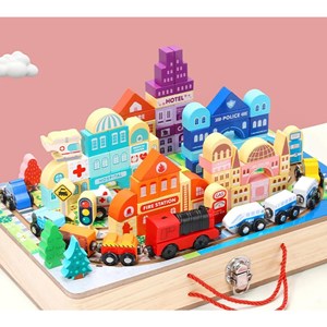 پازل شهر کوچک چوبی تاشو همراه با قطار و ماشین، 90 قطعه مدل TOYARTSY Track Box City_اسباب بازی لگو
