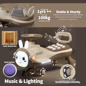 سه چرخه پلاسماکار موزیکال طرح خرگوش (لوپ کار) قهوه ای_اسباب بازی دوچرخه