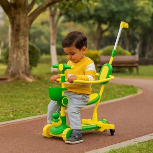 اسکوتر 3 کاره صندلی دار تاشو با 5 چرخ چراغدار و موزیکال رنگ سبز روشن_اسکوتر