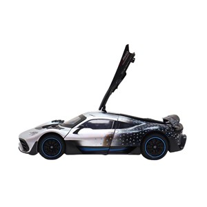 ماشین فلزی بنز موزیکال با چراغ، کمک‌ فنر و درب‌ های بازشو رنگ نقره ای_اسباب بازی ماشین